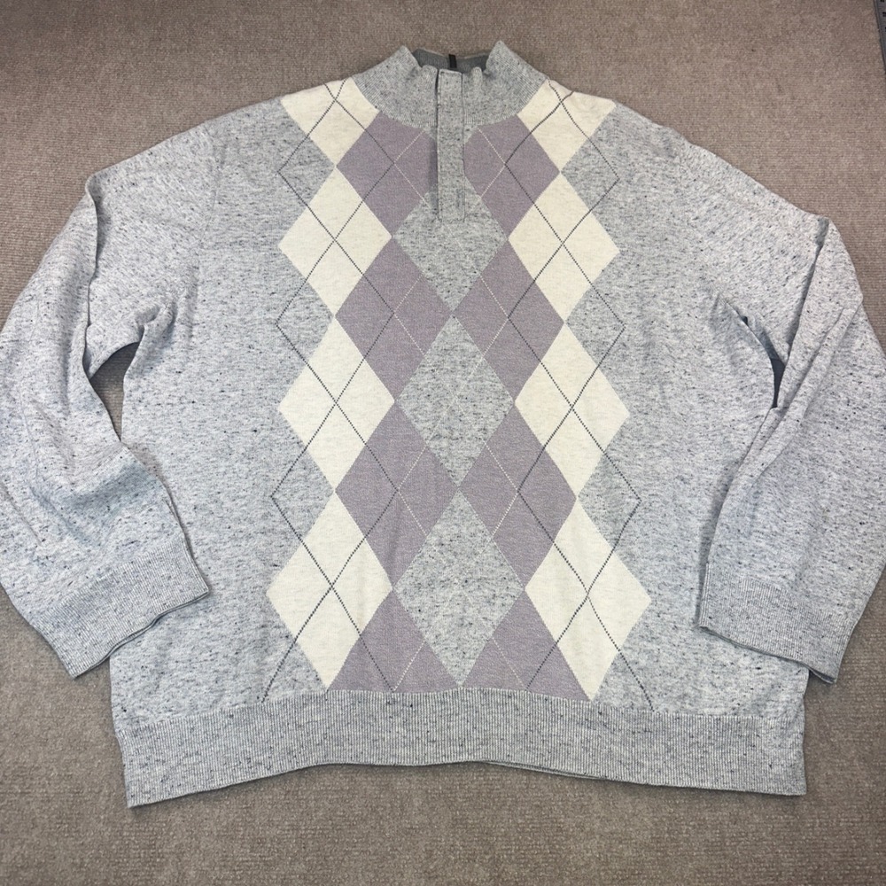 Tasso Elba Mens XL Gray Argyle Quarter Zip 100% Cotton Sweater Pullover